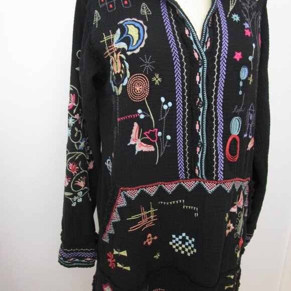 Floral Embroidery Tunic Top Black Cotton Gauze Bohemian - Picture 15 of 15